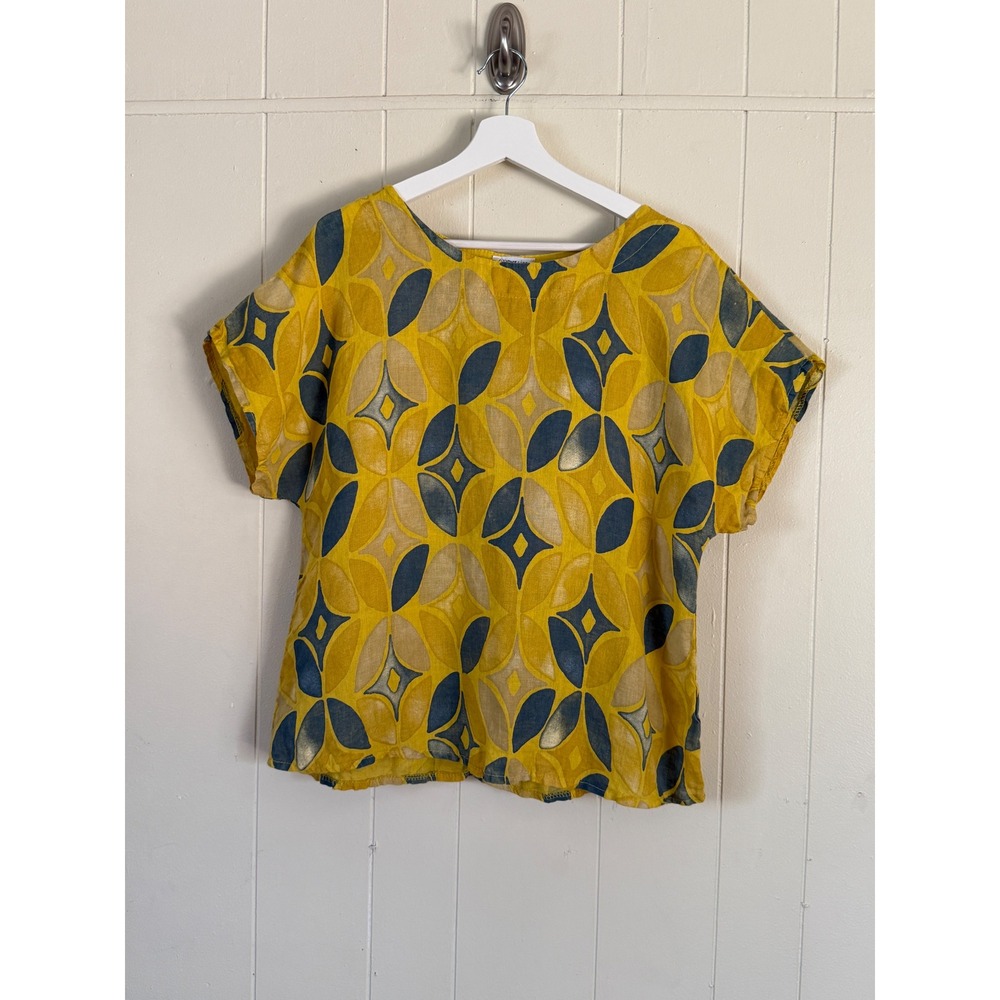Pure Linen Made in Italy Yellow Blue Geometric  Short Sleeve Blouse Size XL